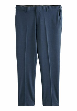 Mannen's marineblauwe pantalon van gestructureerde stof. Heeft rechte pijpen, twee voorkruiken en riemlussen.