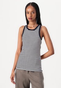 Striped tank top in navy and white, featuring a ribbed texture and a rounded neckline. The design includes wide straps and a fitted silhouette.