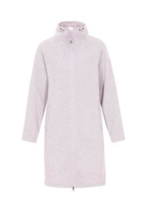 Világos lila, hosszú, cipzáros polárruha magas gallérral és zsinórral, két cipzáros oldalzsebbel.