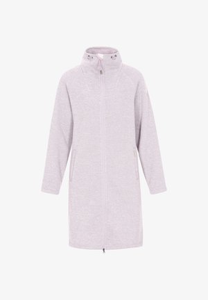 Lichtpaarse lange fleecejack met rits en hoge kraag, voorzien van een trekkoord en twee ritszakken aan de zijkant.
