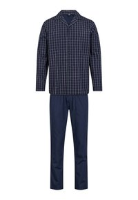 Marinblå rutete pysj Set som har en knapp-oppe topp med krage og lange ermer, kombinert med ensfargede marinblå bukser. Mykt bomullsmateriale.