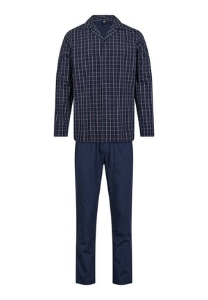 Navy plaid pyjamasæt bestående af en knap-åben skjorte med krave og lange ærmer, parret med ensfarvede navy bukser. Blødt bomuldsmateriale.