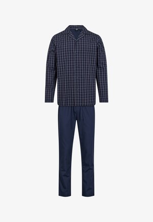 Navy plaid pyjamasæt bestående af en knap-åben skjorte med krave og lange ærmer, parret med ensfarvede navy bukser. Blødt bomuldsmateriale.