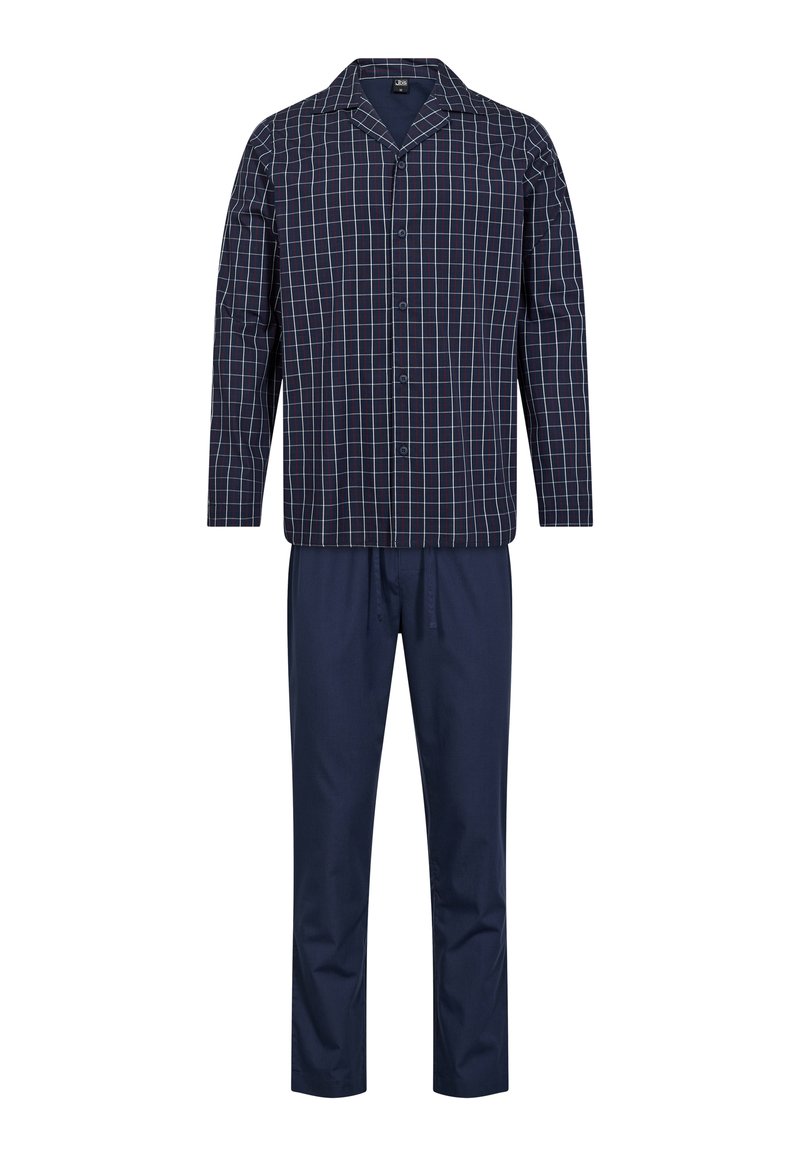 Marinblå rutete pysj Set som har en knapp-oppe topp med krage og lange ermer, kombinert med ensfargede marinblå bukser. Mykt bomullsmateriale.