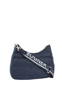 Borsa a tracolla trapuntata di colore blu navy con forma curva, hardware dorato e una tracolla a contrasto con la scritta "BOGNER" in lettere bianche.