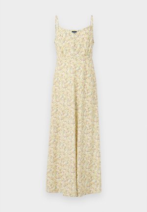 Robe maxi florale en jaune avec des bretelles fines, dotée d'un devant à boutonnière, d'une taille cintrée et d'une jupe fluide avec un motif de fleurs multicolores.