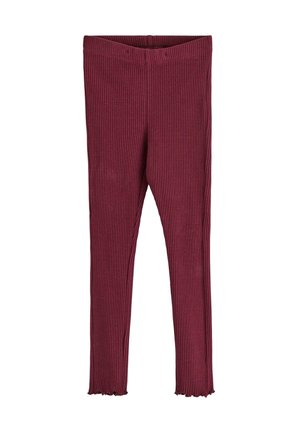 Ribbet burgunder leggings med en blød tekstur, der har et tætsiddende design og en rynket kant ved anklerne for detalje.