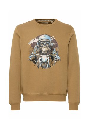 Rudas džemperis su grafika, kurioje pavaizduota beždžionė šalmą nešanti motociklo vairuotoja, su gumbuotomis rankovėmis ir apačia. Glotni tekstūra ir kasdieniškas dizainas.