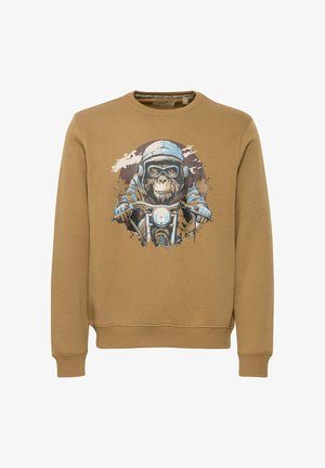 Barna kapucnis pulóver, amelyen egy sisakos majom motorozik, bordázott mandzsettákkal és aljjával. Simább textúra és laza dizájn.