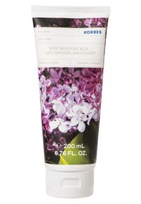 Korres Body Smoothing Milk, ljuslila förpackning med blommönster, vit flip-top-kapacitet, 200 mL, har produkttext på flera språk.