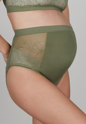 Olijfgroene zwangerschapsstring met kanten zijkanten met bloemenpatronen. Gladde stof, hoog van taille met een zachte elastische tailleband.