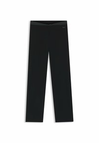 Zwarte rechte broek met een subtiel taillebanddetail en een klein "BOSS" logo aan de bovenste rechterzijde.