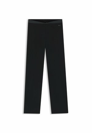 Black straight-leg trousers with a subtle waistband detail and a small "BOSS" logo on the upper right side.