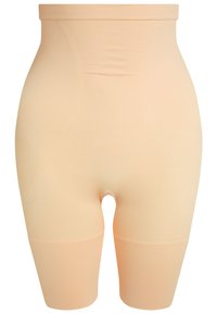 Shorts modellanti color carne realizzati in un tessuto liscio ed elastico, con vita alta, dotati di cuciture rinforzate e lunghezza fino a metà coscia.