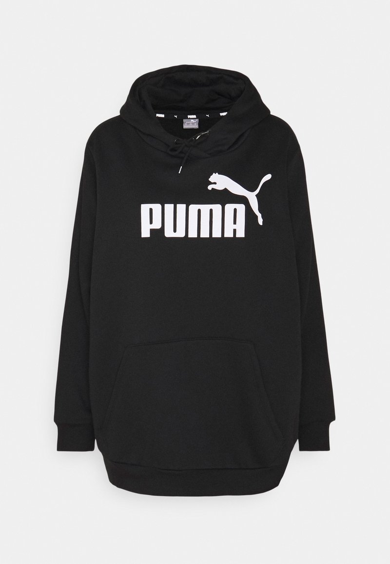 Sweat à capuche noir avec un grand logo "PUMA" blanc et un graphique d'un puma en train de sauter. Conçu avec une poche frontale et un capuche ajustable avec cordon.