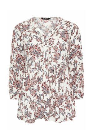 Pitkähihaisen valkoisen tunikan kuvioina punaisia kukkia ja sinisiä paisley-kuvioita sekä lovellinen V-pääntie.