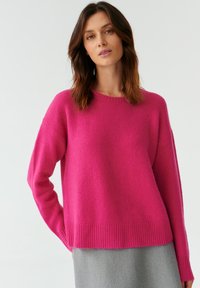 Rosa Strickpullover mit Rundhalsausschnitt, überschnittenen Schultern und geripptem Saum. Weicher Stoff und lässige Passform. Kombiniert mit einem grauen Rock.