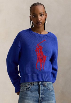 Modrý pletený sveter s grafikou červeného hráča póla. Má rebrovaný výstrih aj lem, voľný strih a textúrovanú látku. Nosený s džínsami.