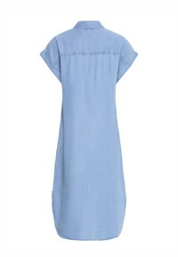Világoskék, rövid ujjú ingruha gallérral és ívelt szegéllyel, hátulnézet egy egyszerű fehér háttéren.