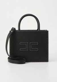 Black leather handbag with a square shape, top handles, and detachable shoulder strap. Features contrasting white stitching and embossed logo.