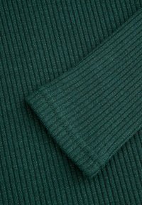 Ciemnozielona prążkowana tkanina o miękkiej fakturze. Tkanina ma równoległe prążki, z gładką krawędzią w narożniku.