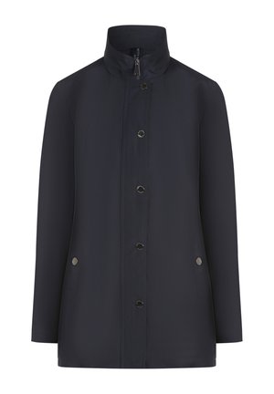 Navyblauwe waterdichte jas met een opstaande kraag, drukknoopsluiting aan de voorkant en zijzakken. Soepele textuur en lichtgewicht ontwerp voor comfort.