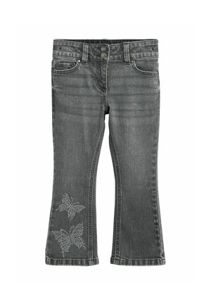 Jeans da bambino grigio scuro con due motivi decorativi a forma di farfalla sulla parte bassa della gamba sinistra realizzati con piccoli borchietti.