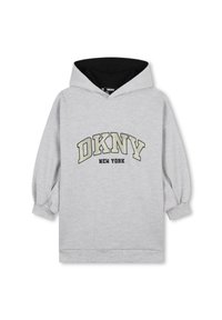 Sweat à capuche gris avec une texture gaufrée, design oversize, intérieur de capuche noir, arborant "DKNY" et "NEW YORK" en broderie contrastante.