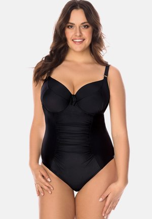 Maillot de bain une pièce noir avec des bonnets souples, des détails froncés sur les côtés, des bretelles ajustables et un accent en forme de nœud au centre devant.