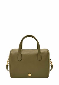 Sac à main en cuir texturé vert olive avec deux poign�ées supérieures, une bandoulière amovible et des détails en métal doré pour la fermeture éclair et le logo.