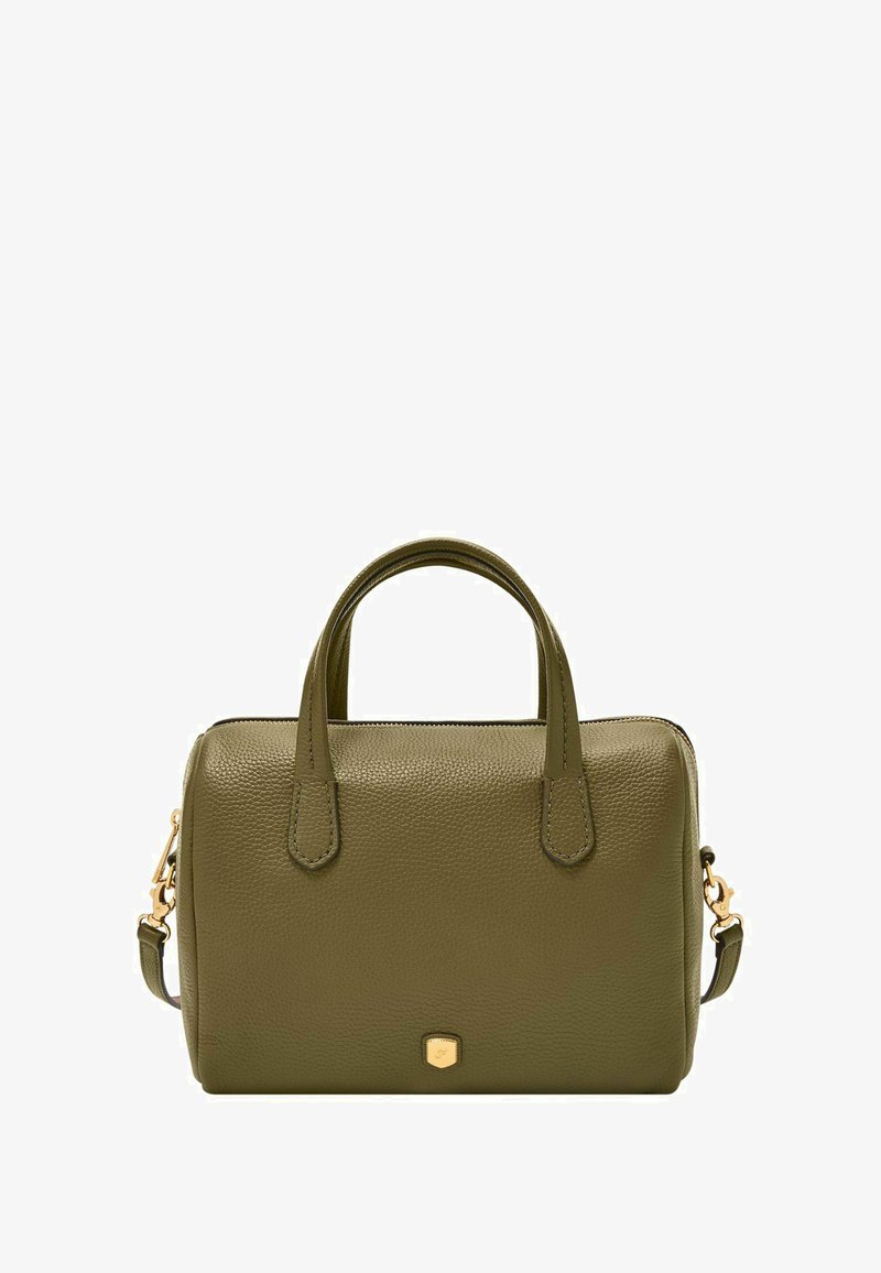 Sac à main en cuir texturé vert olive avec deux poignées supérieures, une bandoulière amovible et des détails en métal doré pour la fermeture éclair et le logo.