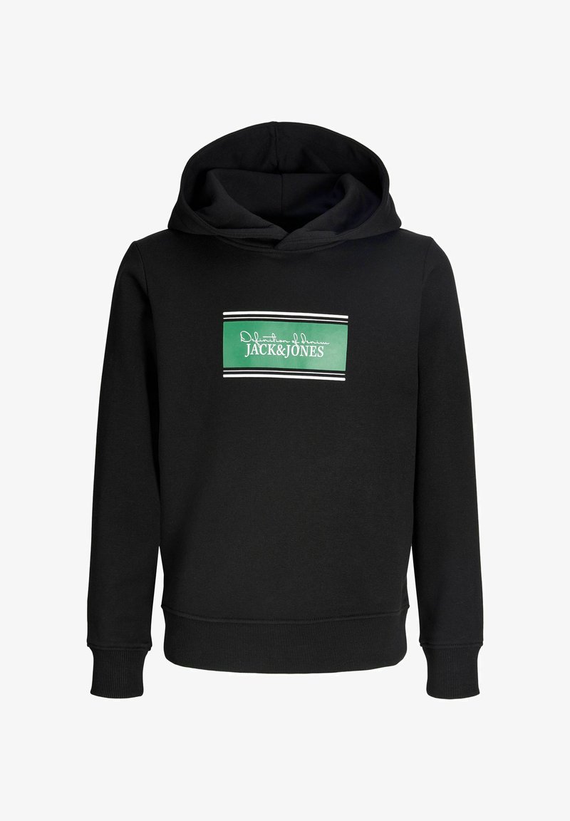 Sweat à capuche noir avec un logo rectangulaire vert et un texte blanc « Jack & Jones » centré sur la poitrine.