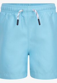 Lyseblå badebukser laget av glatt stoff, med elastisk midjebånd og svart-hvitt snor, uten lommer.