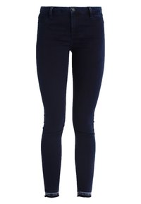 Dark blue skinny jeans made of denim, featuring a high waistband, minimal stitching, and a slightly faded hem for added dimension.