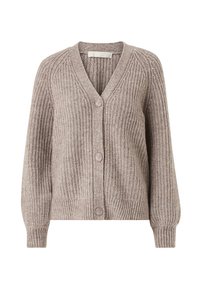 Béžový pletený cardigan s véčkovým výstřihem a zapínáním na knoflíky, s žebrovanou strukturou, dlouhými rukávy a volným střihem. Knoflíky jsou kulaté a v světlých barvách.