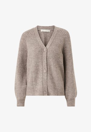 Beige Strickjacke mit V-Ausschnitt und Knopfverschluss, gerippter Textur, langen Ärmeln und lockerem Schnitt. Die Knöpfe sind rund und hell gefärbt.