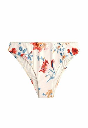 Kwiatowe majtki bikini z białym tłem w czerwone, pomarańczowe i niebieskie kwiaty. Gładki materiał z elastycznym pasem i otworami na nogi.