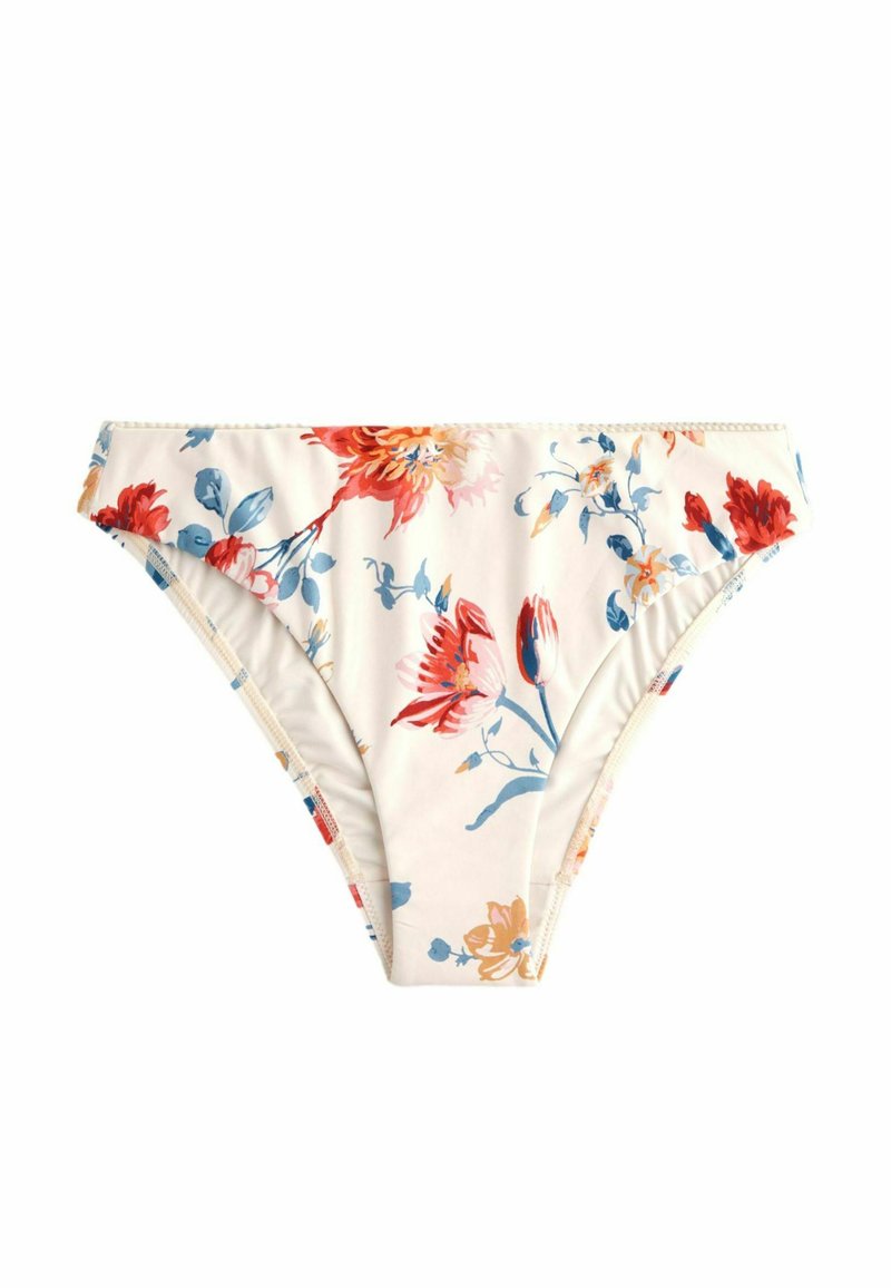 Gėlių bikini kelnaitės su baltu fonu ir raudonais, oranžiniais bei mėlynais gėlėmis. Lygi medžiaga su elastine juosta ir kojų angomis.