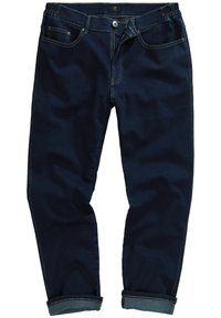 Granatowe dżinsy o luźnym kroju, z mankietami u dołu, kieszeniami bocznymi i widocznymi detalami ściegów. Elastyczny pasek w talii dla wygody.