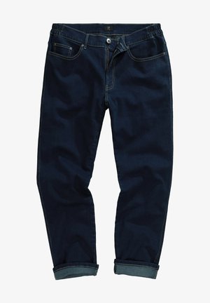 Dunkelblaue Jeans aus Denim mit lässiger Passform, ausgestattet mit einem umgeschlagenen Saum, Seitentaschen und sichtbaren Nähten. Elastischer Bund für zusätzlichen Komfort.