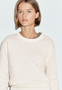 Hellbeige Pullover mit Rundhalsausschnitt, weichem Material und langen Ärmeln. Über einem grauen Hemd getragen, zeigt er ein schlichtes, klassisches Design.