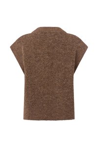 Brązowy sweter dzianinowy, krótki rękaw, okrągły dekolt, teksturowana tkanina, luźny krój, proste linie, minimalistyczny design bez ozdób.