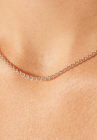 Collier en chaîne argentée avec de petits maillons entrelacés, reposant sur une peau lisse, met en valeur son design simple et élégant.