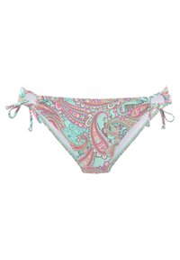 Bikini onderstuk in een paisleypatroon met roze en mintkleuren. Verstelbare zijstrikjes met decoratieve kralen. Gladde stoffen structuur.
