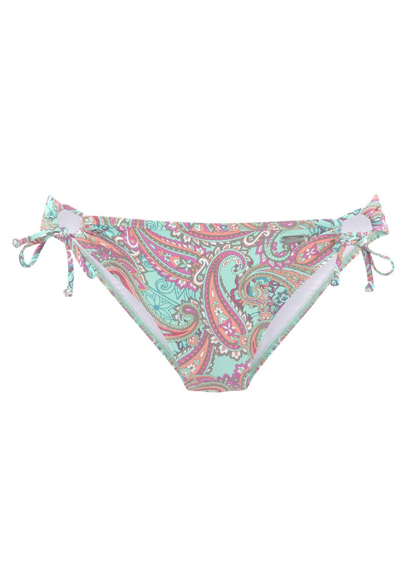Bikini onderstuk in een paisleypatroon met roze en mintkleuren. Verstelbare zijstrikjes met decoratieve kralen. Gladde stoffen structuur.