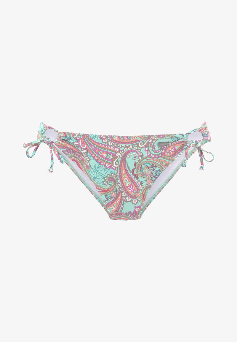 Bikini onderstuk in een paisleypatroon met roze en mintkleuren. Verstelbare zijstrikjes met decoratieve kralen. Gladde stoffen structuur.