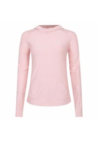 Helles rosa langärmliges Kapuzenshirt mit weicher Textur, das eine Fronttasche und ein kleines Logo auf der Brust hat.