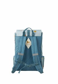 Blauer Rucksack mit hellblauem Oberteil und verschiedenen Pastellmustern. Er hat verstellbare Gurte, ein diamantförmiges Logo und Seitentaschen.