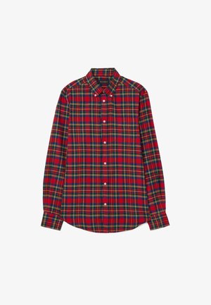 Camisa de manga larga a cuadros rojos y azul marino, con cuello abotonado y cierre frontal con botones. Confeccionada con una tela de algodón texturizada.