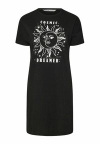 Abito t-shirt nero con una grafica bianca di un volto solare circondato da raggi e stelle, con la scritta "COSMIC DREAMER" in lettere grassetto.